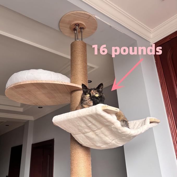 Floor to Ceiling Cat Tree,Adjustable Height 90-108 inch, 6 Level Tall Climb Tower, Cat Pole with Natural Sisal Rope Scratching Post/Plush Cat Bed/Cozy Hammock Multi-Style (Hammock Styles)