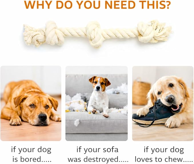 Dog Rope Toys for Large/Medium Aggressive Chewers, Tough Cotton Chew Toy, 22 Inch 3 Knots Indestructible, Tug of War Dog Pull Rope Teeth Cleaning (3 Knots)