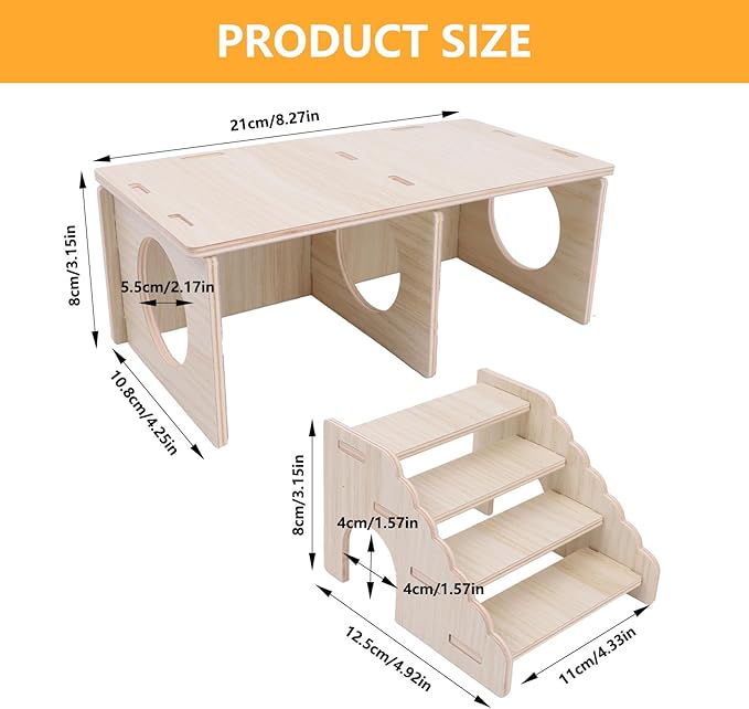 2 Pcs Hamster Hideouts, Wooden 2-Chamber Hideout-Tunnel Hamster Platform with Climbing Ladder