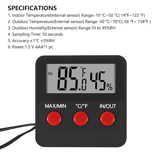 Digital Thermometer and Humidity Thermometers Indoor and Outdoor Digital Temperature and Hygrometer Gauge with Probe for Reptile Terrarium Thermometer Pet Keeping