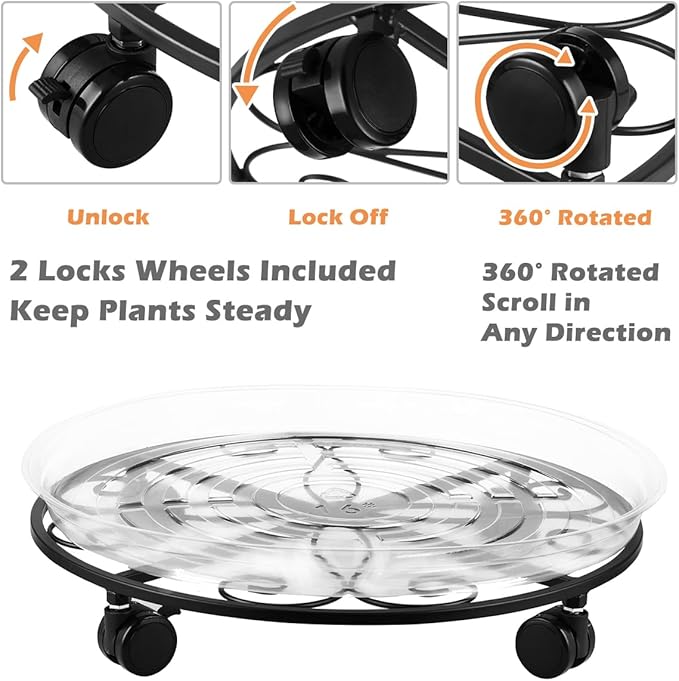 5 Pack Plant Caddy with Wheels Heavy Duty 13.5 Inch Metal Plant Stand on Wheels Plant dolly Rolling Stand Plant Roller with Casters for Indoor and Outdoor with 5 Pack Plastic Saucers, Black