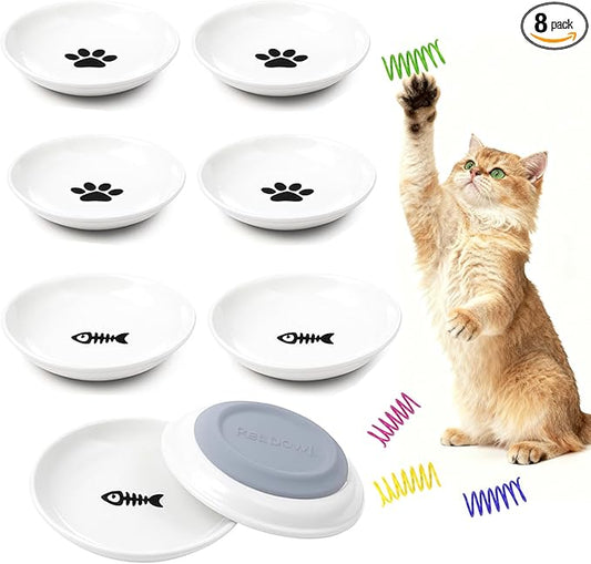 Cat Bowls for Indoor Cats, 8 Anti Whisker Fatigue Cat Food Bowl, No Spill Cats Dishes for Food and Water, Ceramic Kitten Bowls Shallow Wide Plates for Pets, Non-Slip Base, with 4 Spring Toys