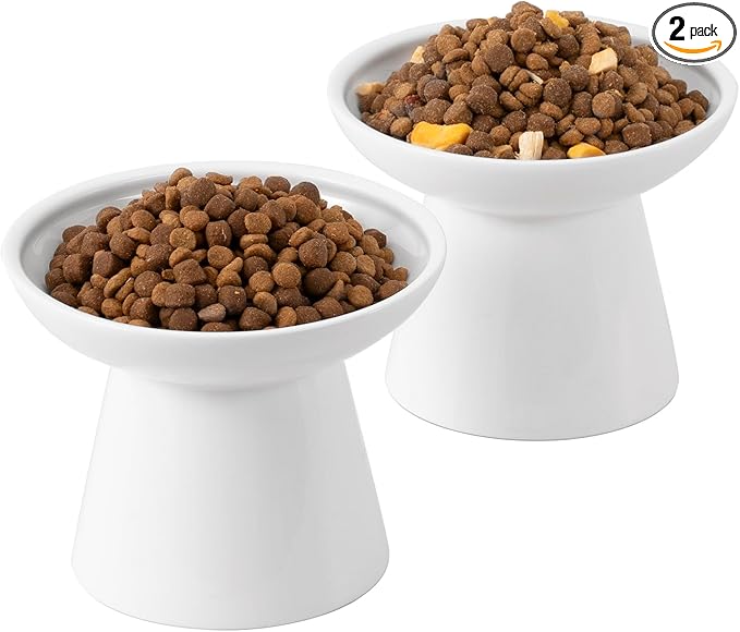 CEEFU Extra Wide Elevated Ceramic Cat Bowl, 6.2" Shallow Dish for Whisker Fatigue Relief, 5" Height for Easy Feeding, Durable Raised Cat Food Bowls, Pack of 2, White