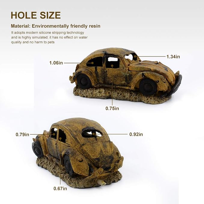 Aquarium Resin Ornament Decor, Imitation Car Wreck with Air Stone | Unique sunken car decoration for fish tank, Works with air pump to create bubble effect. Safe resin,non-toxic for fish