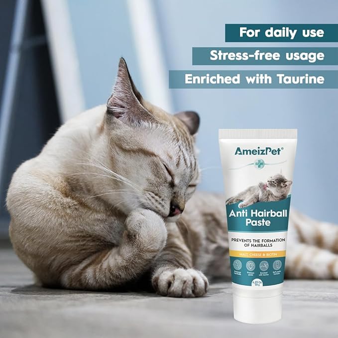AmeizPet Hairball Remedy for Cats, Anti-Hairball Malt Paste for Pet Fur, Treatment for Long & Short Fur Cats with Taurine & Cheese, 4.23 Oz (120g)