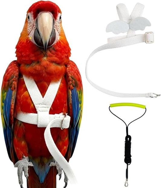 Adjustable Bird Harness with Elastic Leash, Pet Parrot Harness and Leash, Adjustable Training Design Anti-Bite, Bird Nylon Rope with Cute Wing for Conure (White,Macaw)