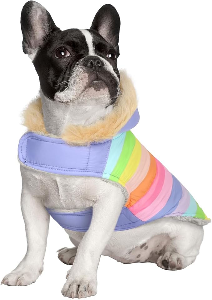 HDE Dog Puffer Jacket Fleece Lined Warm Dog Parka Winter Coat with Harness Hole Pastel Rainbow - S