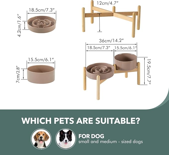 Havniva Ceramic 1.2 Cup Raised Slow Feeder Dog Bowl Set, Elevated 6.1inch Bowl and 7.3inch Puzzle Slow Food Dish with Wooden Stand for Medium and Small Dog, Anti-Gulping (2 x Brown Coffee+ Stand)