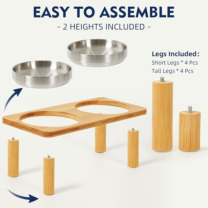 DoogCat Elevated Cat Bowls for Indoor Cats – Raised Bamboo Cat Food Table with 2 Stainless Steel Dishes, Adjustable Height (4.25"/3.07"), Whisker Friendly Feeding Station