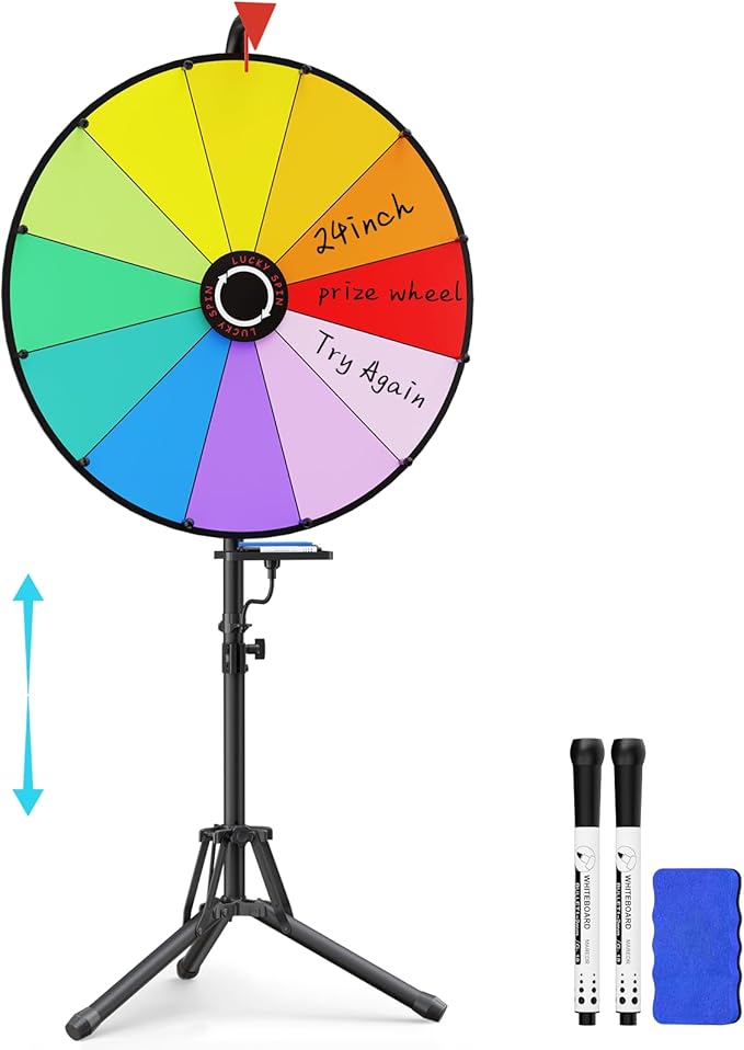 KOOV 24 Inch Prize Wheel, Adjustable 55"-61" Height Spinning Wheel for Prizes, Storable Wheel Spinner with Stand- Roulette Wheel for Party Games, Carnival, Business Events & Classroom Activities