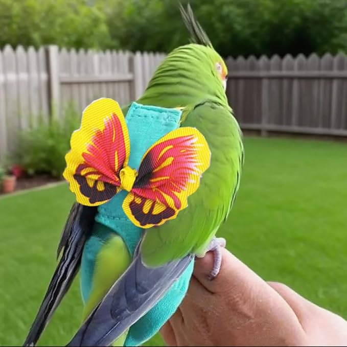Pet Bird Diaper Harness Adjustable Parrot Harness and Leash Set Cockatiel Flight Suit with 60 Inch Leash Bow Tie Bird Flying Clothes for Conures Cockatoos Cockatiel Pigeon(Yellow, Medium)