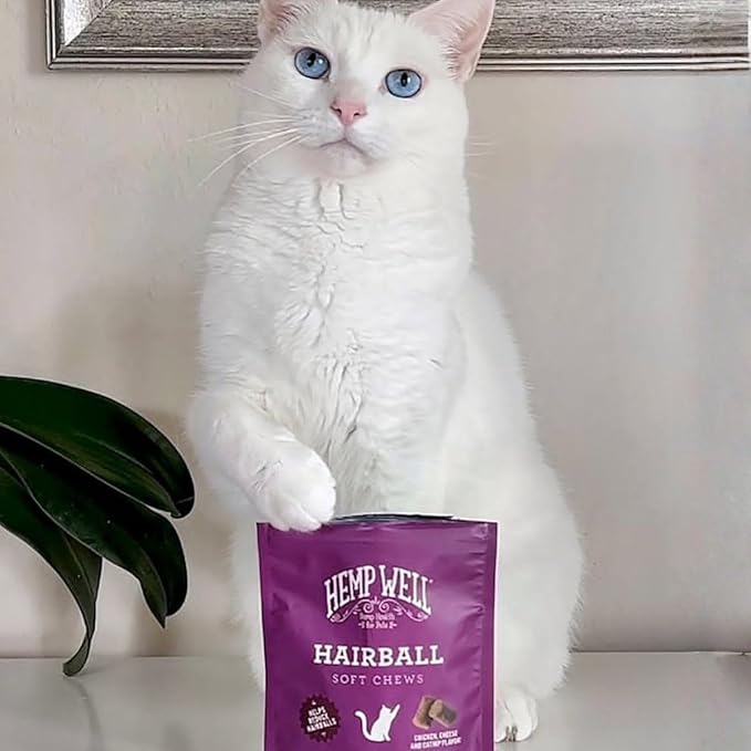 Hemp Well Cat Hairball Soft Chews for Cats, Hairball Control & Digestive Support, Organic Hemp Seed Powder, Pumpkin Seed & Psyllium Fiber, Skin & Coat Support, Chicken Cheese & Catnip Flavor, 60 Ct