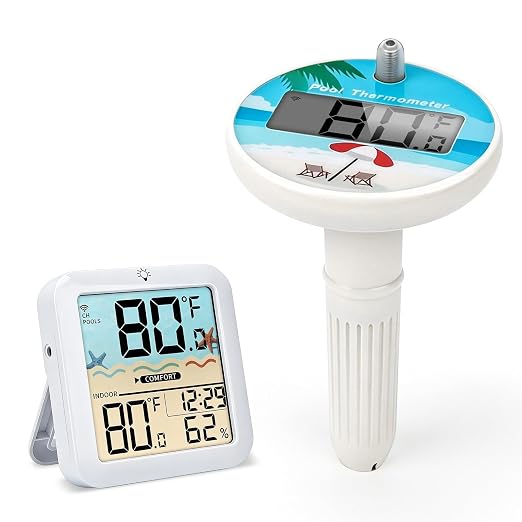 AHJ Wireless Digital Pool Thermometer Floating for Pool Swimming Hot Tub | Water Temperature Thermometer IPX8 Digital Wireless Pool Thermometer with Indoor Temperature for Aquariums Spa Hot Tub