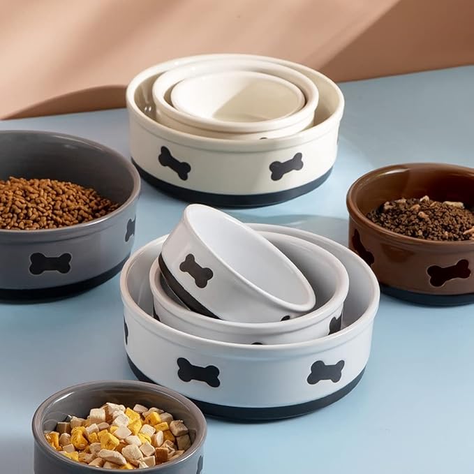 Sweejar Ceramic Dog Bowls with Bone Pattern, Dog Food Dish for Small Dogs, Porcelain Pet Bowl for Water 16 Fl Oz (Gray)