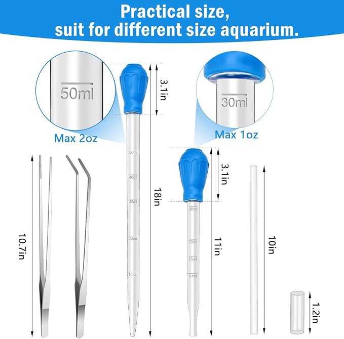 5In1 Aquarium Coral Feeder Kit, Droppers, Straight/Curved Tweezers, Silver | Coral Feeder Kit 60ml And 30ml Droppers, Extender Pipe, Straight And Curved Tweezers, For Reef Feeding And Aquarium Cleaning
