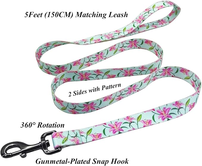 Dog Collar Leash Set, Floral Pattern, Polyester Material, Adjustable Collar and 5ft Matchcing Leash, for Small Dogs.(S, Green Lily)