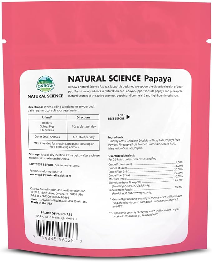 Oxbow Papaya Support, High Fiber Digestive Supplement for Rabbit & Guinea Pig, Made with Timothy Hay, Includes Papaya, Pineapple, Papain, & Bromelain, Made in USA, 1.16 oz Bag