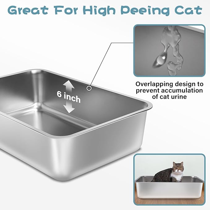 Stainless Steel Litter Box 2 Pack, 23.6“x15.7"x6" Deep Stainless Steel Cat Litter Box Extra Large, XL Metal Litterbox for Big Cats with High Sides, Non Stick Surface, Easy to Clean