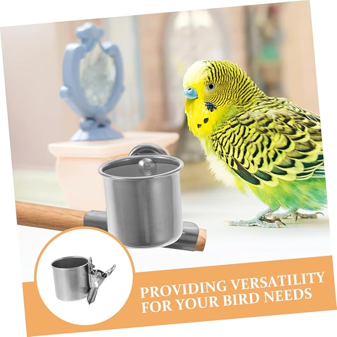 LIOOBO Stainless Steel Bird Feeder Cups for Small Birds Food and Water Bowls with Clamp for Parakeets Cockatiels and Other Cage Birds Durable Bird Feeding Dish for Parrot Cage