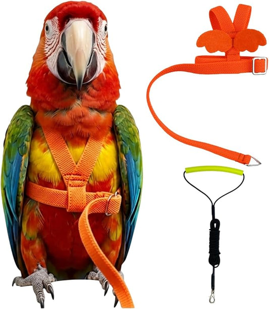 Adjustable Bird Harness with Elastic Leash, Pet Parrot Harness and Leash, Adjustable Training Design Anti-Bite, Bird Nylon Rope with Cute Wing for Conure (Orange,Macaw)