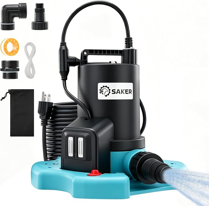 Saker Automatic On Off Submersible Water Pump, 1/4 HP Sump Pump,2377 GPH | Submersible Pump,Pool Cover Pump with 25ft Power Cord & Filter Net for Swimming Pool Covers, Hot Tubs, Rooftops