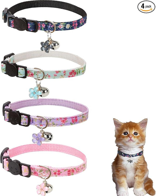 4 Pack Breakaway Cat Collar with Bell,Safety Adjustable Cat Collars Set with Flower Pattern,Ideal for Girl Cats Boy Cats