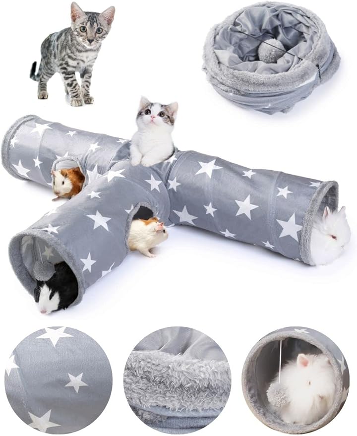 JanYoo Bunny Tunnel Rabbit Hideout Cat Toys for Rabbits Accessories Guinea Pig Ferret Kitty 3 Ways Collapsible Tunnels (Star)