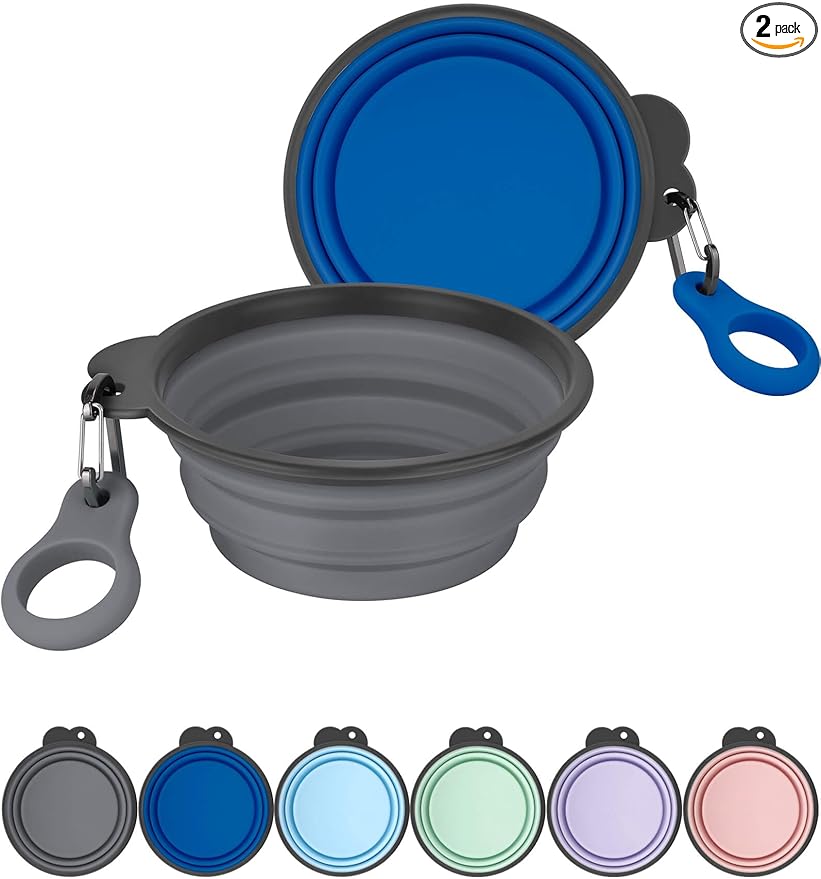 Aonkey Collapsible Dog Bowls with Bottle Carrier, 2 Pack Travel Dog Water Bowl Upgraded Carabiner, One-piece Molded Rim No Fall Off or Crack, Foldable Silicone Portable for Pets Walking Hiking 15oz