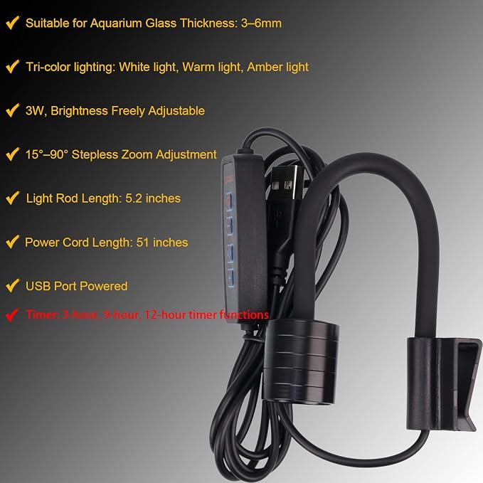 Mini Aquarium Spotlight with Timer, Clip-On Gooseneck Lamp, 15°-90° Zoom | Tri-Color White/Warm White/Warm Light, Dimmable 3W USB, 5.2 In Gooseneck, Fits Glass Up To 8mm