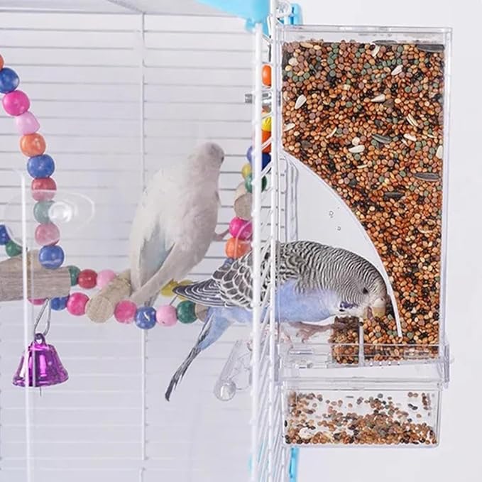 No Mess Bird Feeder for Cage,Automatic Parrot Feeder Cage Accessories,Transparent Parakeet Seed Container Food Feeder Drinker for Cage,No-Spill Transparent Bird Feeder (Clear)