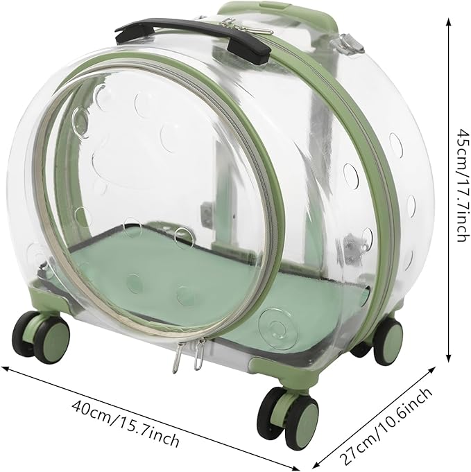 Cat Carrier with Wheels, Breathable Cat Rolling Carrier with Telescopic Handle, Bubble Cat Backpack Carrier, Clear Pet Travel Bag for Small Dogs Pets, up to 19lbs, 15.7" x 10.6" x 17.7" (Green)