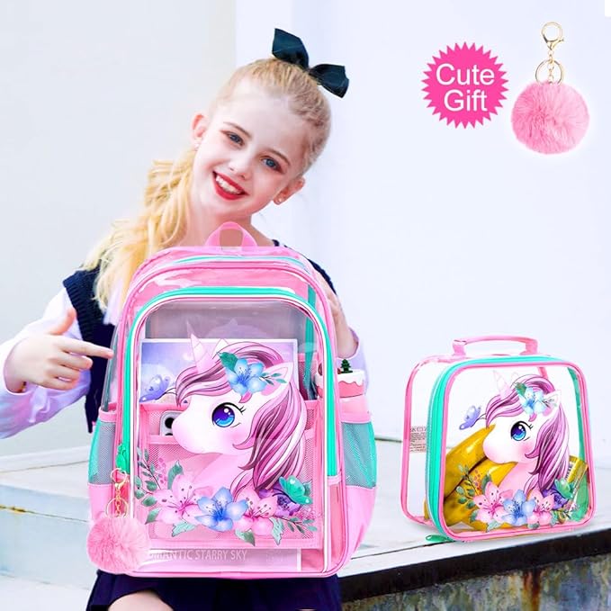 KLFVB 3PCS Clear Backpack for Girls and Boys, Kids See Through Backpacks Stadium Approved, Transparent Bookbag for Elementary