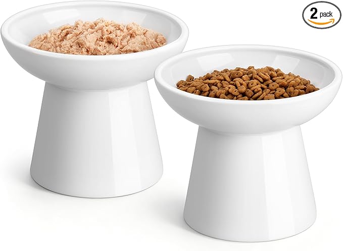 vancasso Elevated Cat Food Bowls 2-Pack, 6.2" Wide Shallow Cat Feeding Bowl for Whisker Fatigue, 5.1" Height Ceramic Raised Food Bowls for Senior Cats, Anti Vomit, White