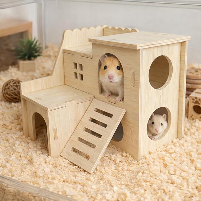 Multi-Chamber Hamster Hideout & House, Natural Wood Small Animal Cage Accessories for Dwarf Hamsters, Gerbils and Mice – Ventilated Design with Structure (Model 1)