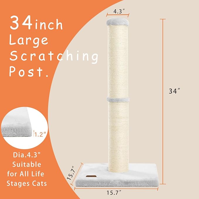 Karolpar 34inch Cat Scratching Post with Natural Sisal Rope 4.3Inch Large Diameter Scratcher Post Tree for Indoor Cats Grey