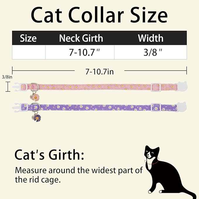 Cat Collars for Girl Cats & Boys, 2 Pack Soft Cotton Breakaway Collar with Removable Bell and Cute Charms, Adjustable Safety Pet Necklace, Daisy