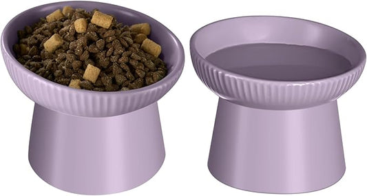 Ceramic Elevated Cat Bowls-Water Bowl, 15° Tilted Design, Anti-Vomiting & Spine Protection, Prevent Whisker Fatigue for Kittens to Adult Cats and Small Dogs (Purple-15° Cat Bowls-2)
