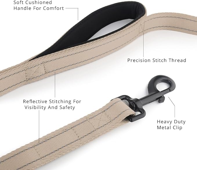 Plutus Pet Double Handle Dog Leash 6ft, Heavy Duty, Reflective Dual Handle Dog Leash for Safety Training, for Medium Large Dogs,2 Handle Leads(Beige)