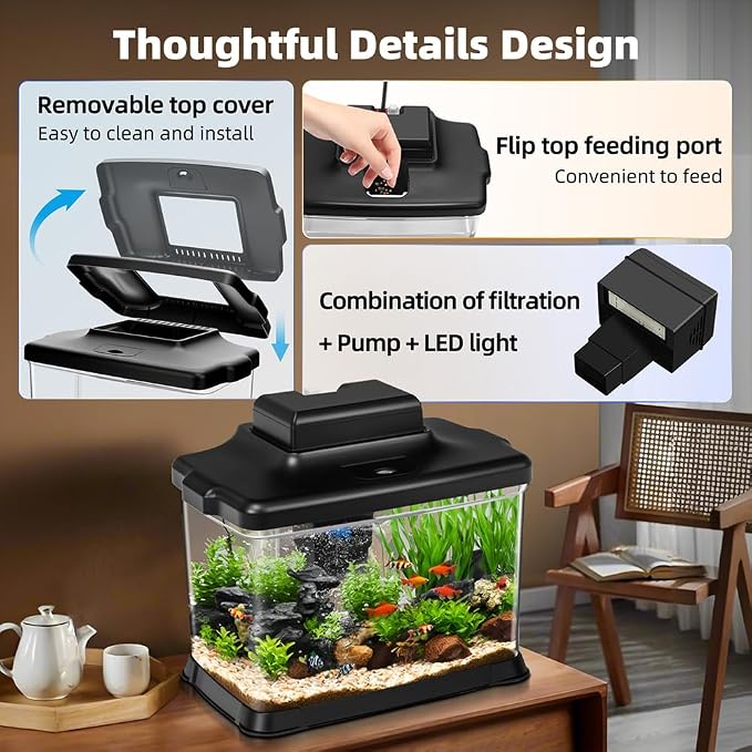DaToo Small Fish Tank Ultra-Clear 1.6 Gallon Aquarium Starter Kits with LED Lighting and Filter System Beginner-Friendly Mini Betta Aquarium for Small Fish Shrimp Desktop Room Decoration