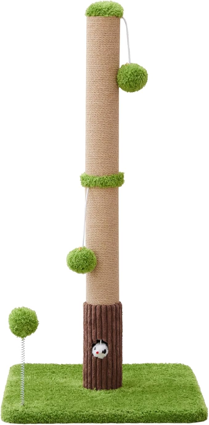 Woochpet 33" Tall Cat Scratching Post for Indoor Cats, Premium Sisal Scratch Posts with Cat Toys and Fun Mouse Holer for Cats at All Ages, Scratcher Tree with Reinforced Stable Base (Green)