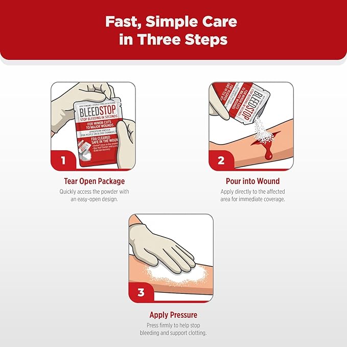 BleedStop™ First Aid Powder for Blood Clotting, Trauma Kit, Blood Thinner Patients, Camping Safety, and Survival Equipment for Moderate to Severe Bleeding Wounds or Nosebleeds - 1 (60g) Pouch