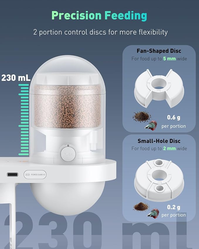 Pawfly WiFi Automatic Fish Feeder for Aquariums, Smart Auto Fish Food Dispenser with App Control 2.5 K HD Video & Timer, 230 mL Vacation Feeder for Powder Pellets & Small Pillars, USB Powered
