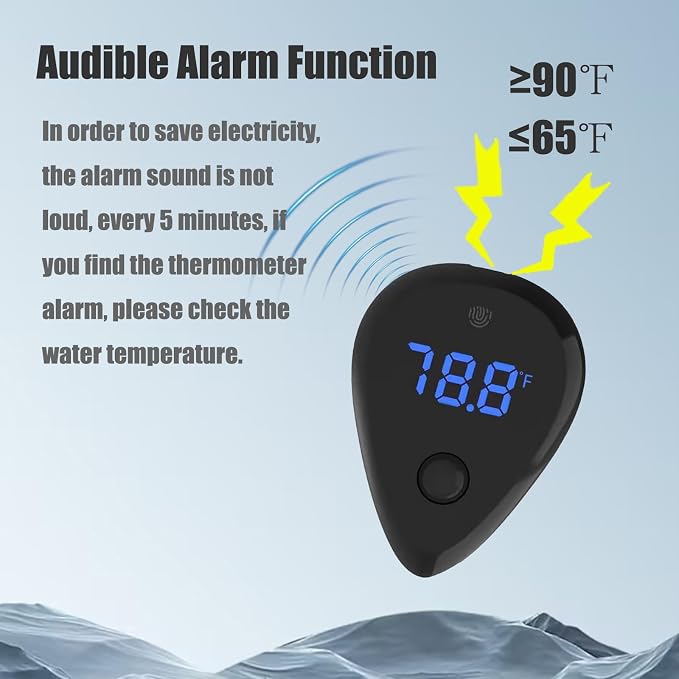 Carefree Fish Aquarium USB Thermometer Rechargeable Cordless Human Sensor Switch Fish Tank Thermometer Overtemperature Sound Alarm ±1℉（Power Adapter and Charging Cable not Included）