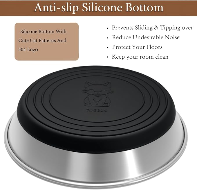 2 Pack Stainless Steel Whisker Friendly Shallow and Wide Cat Bowls for Food and Water, Non-Slip Silicone Cute Bottom for Small Dog Puppies Cats.