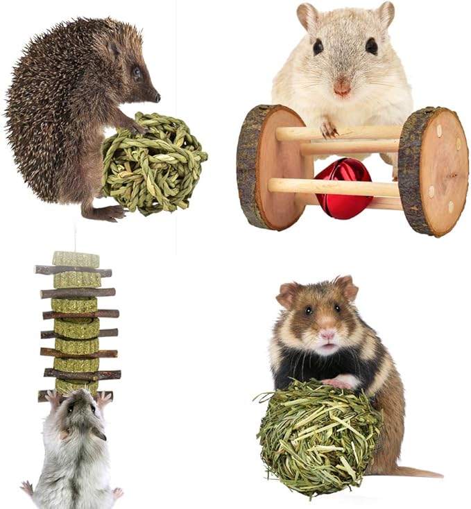 ERKOON New 12 Pack Hamster Chew Toys Gerbil Rat Guinea Pig Chinchilla Chew Toys Accessories, Natural Wooden Dumbbells Exercise Bell Roller Teeth Care Molar Toy for Rabbits Bird Rabbits Hamster Gerbil