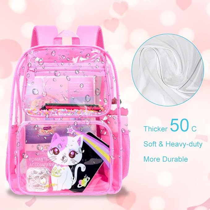 KLFVB 3PCS Clear Backpack for Girls and Boys, Kids See Through Backpacks Stadium Approved, Transparent Bookbag for Elementary