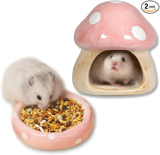 Ceramic Mushroom Guinea Pig House Hamster Hide Bed Includes Hamsters Food Bowl Guinea Pig Hideout for Hamster Chinchilla Hedgehog Rat Small Animals(Pink Mushroom Set)