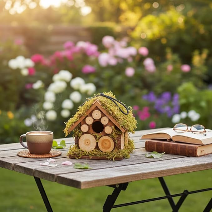 Bird House for Outside - Wren Bird House Nest Box for Outdoor - Moss Bird House with Cedar Rings- Gifts for Nature Lovers - Pole Mountable Rustic Style - 1-1/8" Entrance Hole Size