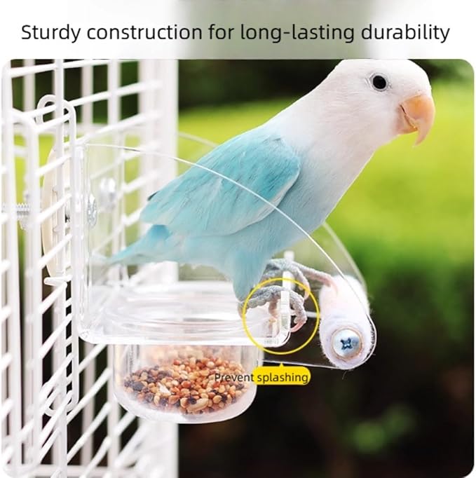 Seed Catcher Bird Feeder No Mess - Dual Bowl Cage Mount with Clear Acrylic, Colorful Hemp Rope Wrapping Wood Perch & Removable Acrylic Cups - for Budgies, Finches, Canaries, Parrotlets, Conures
