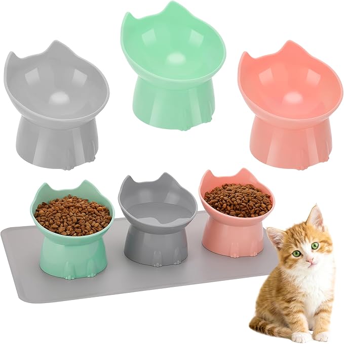 3 Pcs Elevated Cat Bowls 15°Raised Cat Food Bowl with Silicone Mat Whisker Friendly Anti Vomiting Cats Dishes Pet Food and Water Bowls for Indoor Cats Kittens, Pink, Green, Gray